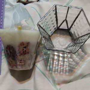 Leaded glass octagon candle holder with floral candle new no tags